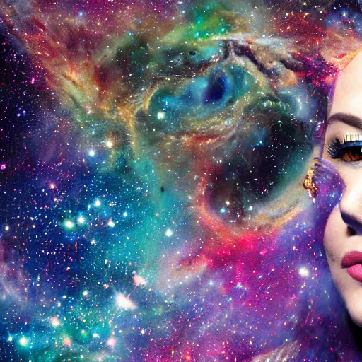 Prompt: a ultra realistic photo portrait of a sublime queen with an acurate , perfect ultra higly detailed and very very realistic wild face and ultra ultra ultra acuratr realistic wild eyes , and a crown of galaxy-colored diamonds, coming out from a colored nebula of a colored galaxy in the inner space wit hundred of stars