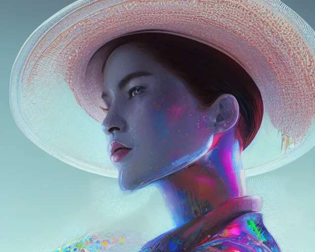 Prompt: portrait of mystic lips hidden under wide - brim hat, intricate abstract. intricate artwork, by tooth wu, wlop, beeple, dan mumford. concept art, octane render, trending on artstation, greg rutkowski very coherent symmetrical artwork. cinematic, key art, hyper realism, high detail, octane render, 8 k, iridescent accents