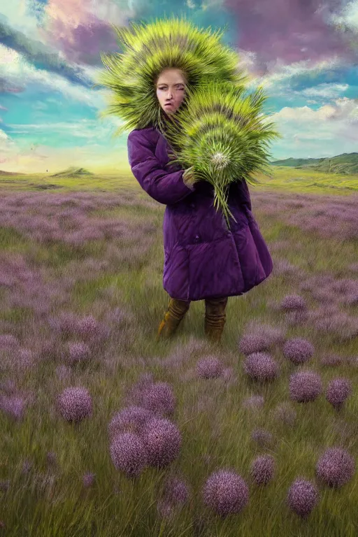 Prompt: portrait, enormous thistle flower head, a girl wearing a coat in heather field, surreal photography, wind and cold, dramatic sky, impressionist painting, digital painting, artstation, simon stalenhag