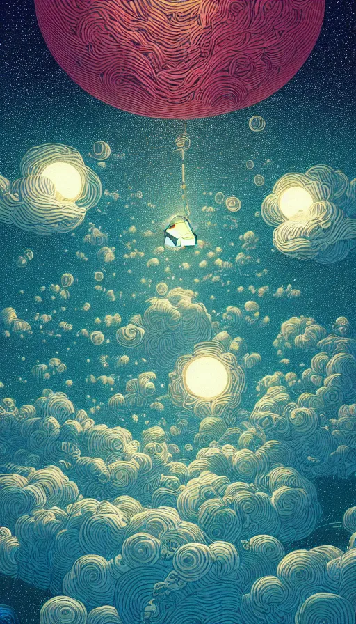Image similar to million tiny lanterns floating on cosmic cloudscape, futurism, dan mumford, victo ngai, kilian eng, da vinci, josan gonzalez