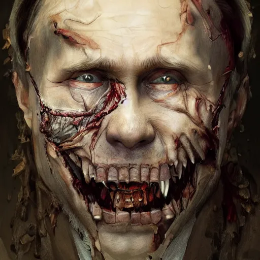 Image similar to a portrait of a putin as a zombie with its mouth and eyes sewn shut, full body, leather, hairy, d & d, fantasy, intricate, elegant, highly detailed, digital painting, artstation, concept art, smooth, sharp focus, illustration, art by artgerm and greg rutkowski and alphonse mucha