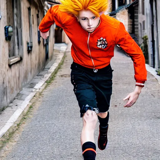 Image similar to orange - haired anime boy, 1 7 - year - old anime boy with wild spiky hair, wearing red jacket, running through italian town, yellow sunshine, sepia sun, strong lighting, strong shadows, vivid hues, ultra - realistic, sharp details, subsurface scattering, intricate details, hd anime, 2 0 1 9 anime