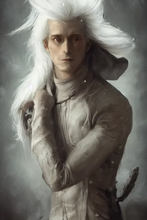 Image similar to a portrait of a toned male automaton with long white hair and pale skin with joints still visible by greg rutkowski, sung choi, mitchell mohrhauser, maciej kuciara, johnson ting, maxim verehin, peter konig, bloodborne, 8 k photorealistic, cinematic lighting, hd, high details, dramatic, dark atmosphere, trending on artstation