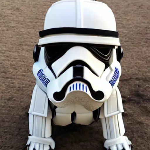 Image similar to a pug wearing stormtrooper armor, photo, detailed