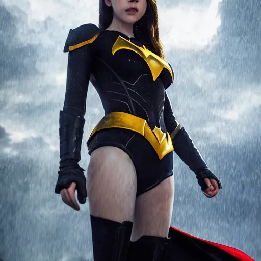 Image similar to a potrait of Anya Taylor as Batgirl with Batman v Superman style suit by Greg Rutkowski, Sung Choi, Mitchell Mohrhauser, Maciej Kuciara, Johnson Ting, Maxim Verehin, Peter Konig, 8k photorealistic, cinematic lighting, HD, high details, dramatic, trending on artstation, full body shot