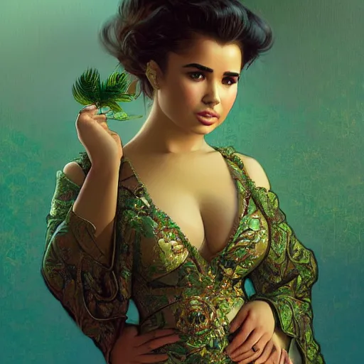 Image similar to demi rose wearing a green kebaya, digital painting, artstation, concept art, sharp focus, illustration, art by artgerm and greg rutkowski and alphonse mucha