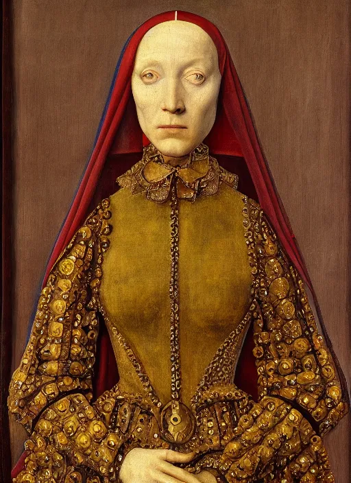 Image similar to a portrait of a renaissance robot, in the style of Jan van Eyck,