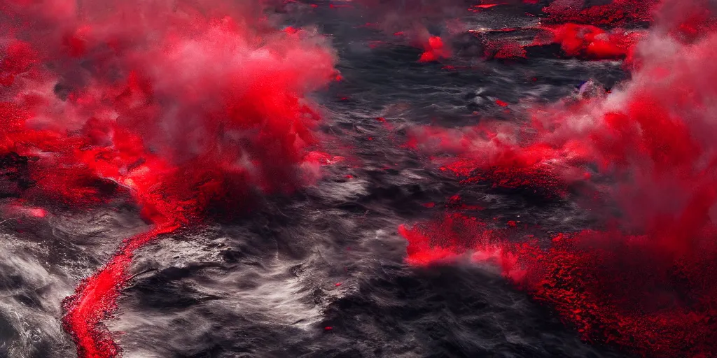 Image similar to a churning, boiling red sea with lots of smoky black and red steam, fantasy digital art, octane render, beautiful composition, trending on artstation, award-winning photograph, masterpiece