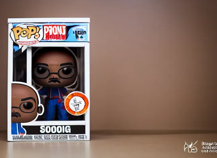 Prompt: product still of Snoop Dogg funko pop with box, 85mm f1.8