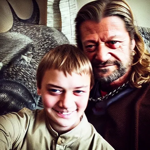 Prompt: “Joffrey Baratheon, taking a selfie with Ned Stark”