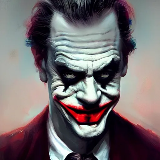 Prompt: portrait of Steve Buscemi as The Joker, art by greg rutkowski, matte painting, trending on artstation