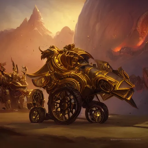 Image similar to a golden battle chariots, yellow magic theme, bright art masterpiece artstation. 8 k, sharp high quality artwork in style of jose daniel cabrera pena and greg rutkowski, concept art by tooth wu, blizzard warcraft artwork, hearthstone card game artwork, cart wheels