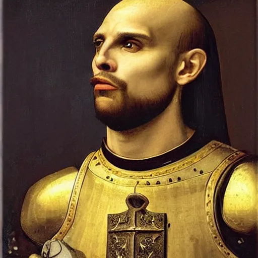 Prompt: jair bolsonaro as a crusader knight in a shining golden medieval chestplate, oil over canvas, art of the renaissance, highly detailed, by leonardo da vinci