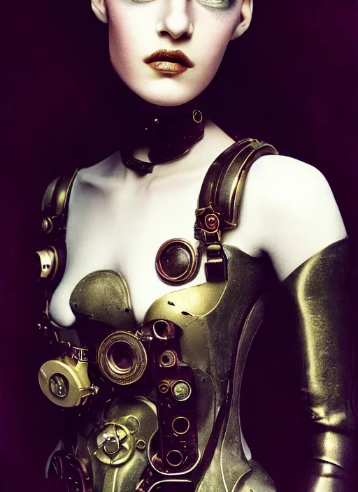 Image similar to photography of beautyful female android steampunk by paolo roversi,