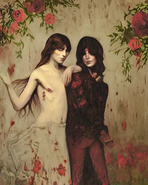 Prompt: a beautiful and eerie baroque painting of a brother and sister who are beautiful but creepy, in dead space, with haunted eyes and dark hair, 1 9 7 0 s, seventies, floral wallpaper, a little blood, morning light showing injuries, delicate embellishments, painterly, offset printing technique, by brom, robert henri, walter popp