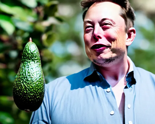 Prompt: 8 5 mm photography of elon musk the avocado man, dof and bokeh