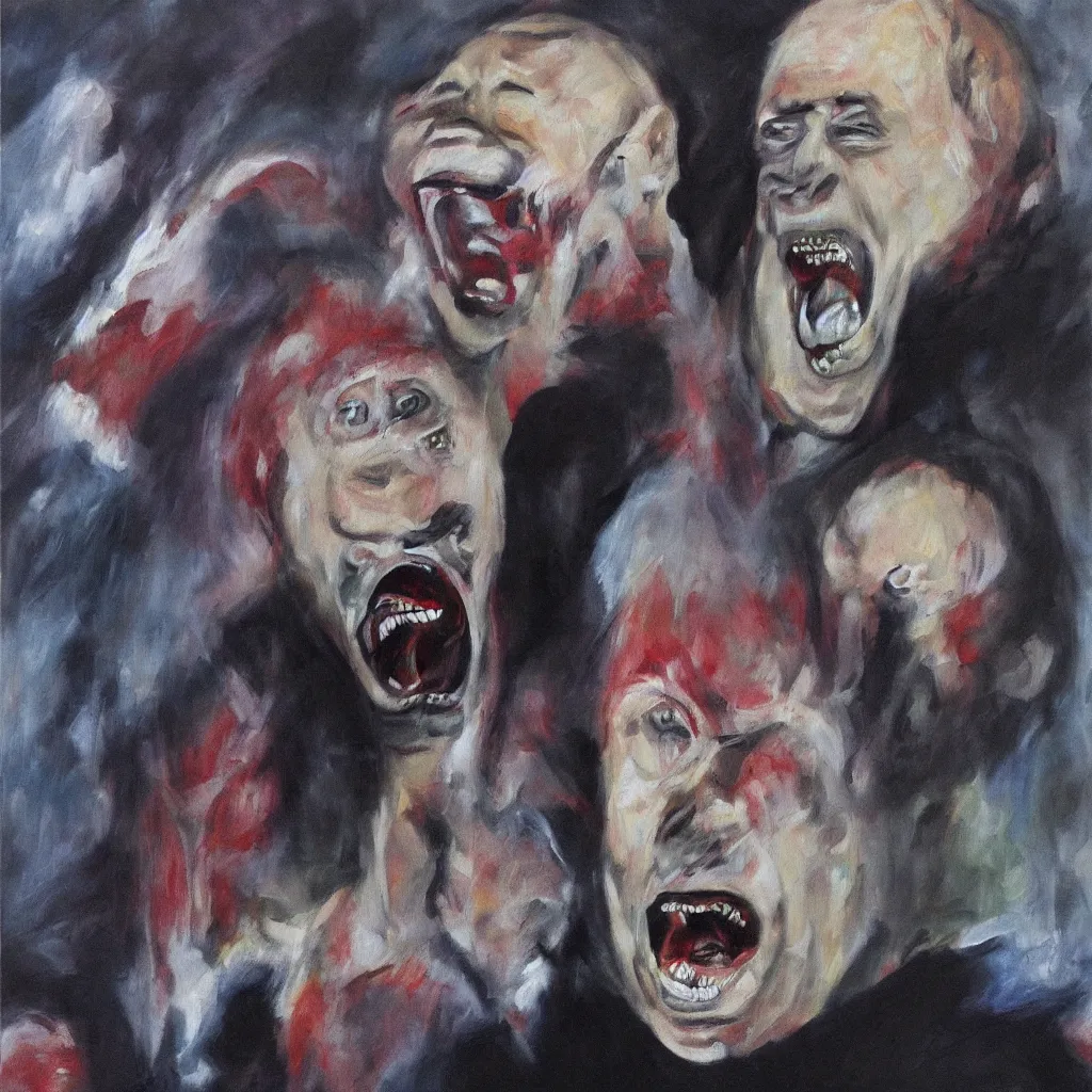 Image similar to oil painting of evil vladimir putin, screaming eyes wide shot art by francis bacon