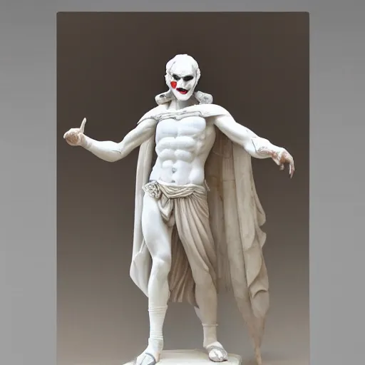 Image similar to white marble statue of the joker wearing ancient roman armor, 8 k, very detailed, very intricate,