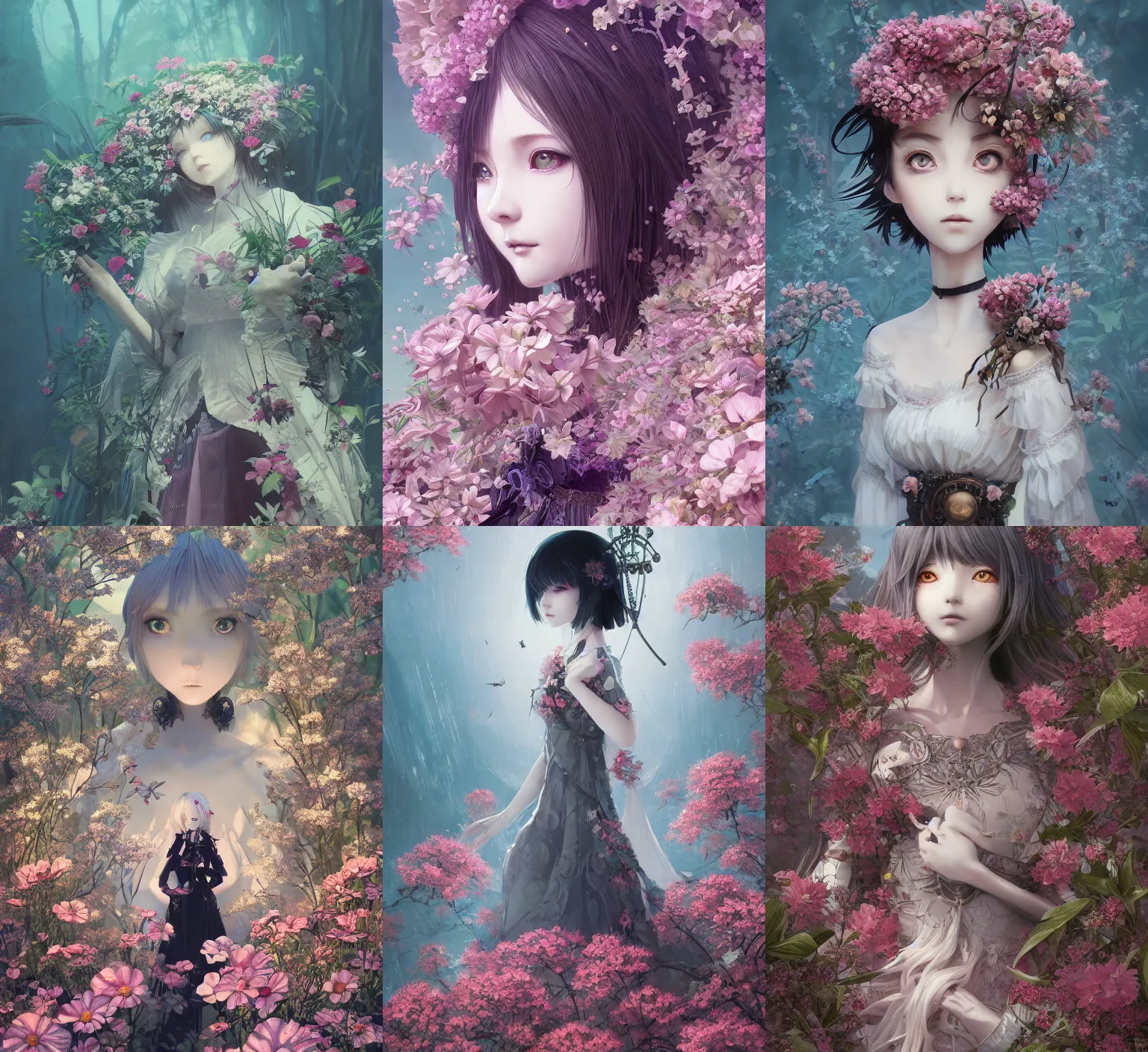 Prompt: detailed, sharp, dreaming humanoid female automata wearing gothic ornament surrounded by flowers floating above a dystopia by Ilya Kuvshinov and Anna Dittmann and studio ghibli and WLOP and Rossdraws, digital art, surreal, trending on artstation, anime arts, featured on Pixiv, blue lighting, HD, 8K, highly detailed, good lighting, beautiful, epic, masterpiece