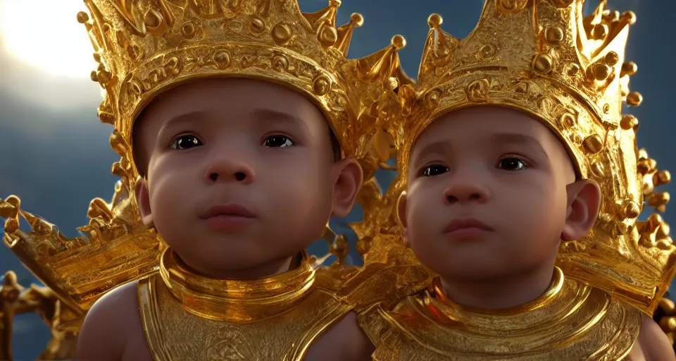 Prompt: One lightskinned baby boy with curly short hair as a king, wearing a golden crown, stunning photo, cinematic lighting, perfect composition, 8K, ultra-detailed , Trending on artstation, Octane render, Unreal Engine, highly detailed,