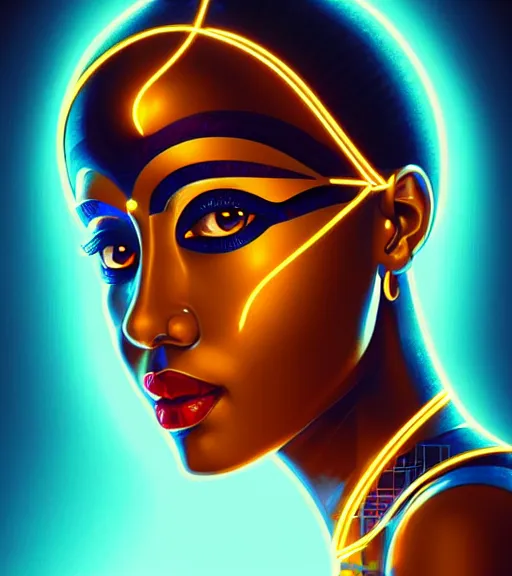 Image similar to symmetry!! egyptian goddess of technology, solid cube of light, hard edges, product render retro - futuristic poster scifi, lasers and neon circuits, brown skin beautiful egyptian goddess, intricate, elegant, highly detailed, digital painting, artstation, concept art, smooth, sharp focus, illustration, dreamlike, art by artgerm