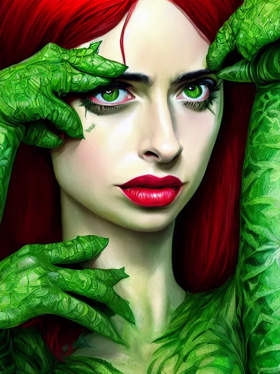 Prompt: krysten ritter as poison ivy from batman, digital painting, extremely detailed, 4 k, intricate, brush strokes, mark arian, artgerm, bastien lecouffe - deharme