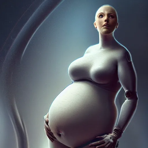 Image similar to pregnant female cyborg, robot anatomy elements, female body elements, cozy atmospheric and cinematic lighting, ultra rendered extreme realism and detail, 8 k, linear gamma, dynamic pose, dissolution filter, turbulence filter, sophisticated composition, old masters light composition, procedurally generated, pbr, in style of old masters, photorealistic, full length, sharp focus,