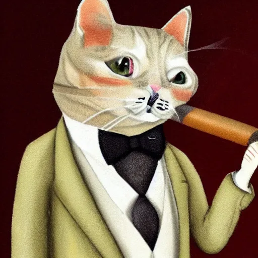 Prompt: an antropomorphic cat wearing a suit smoking a cigar,