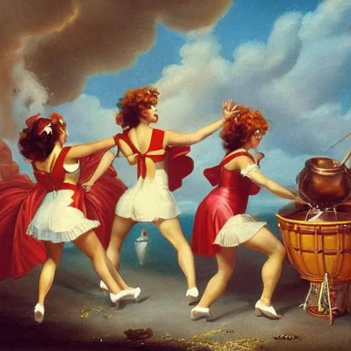 Image similar to a group of women dressed in Ronald McDonald costumes dancing around a boiling cauldron by Luis Ricardo Falero