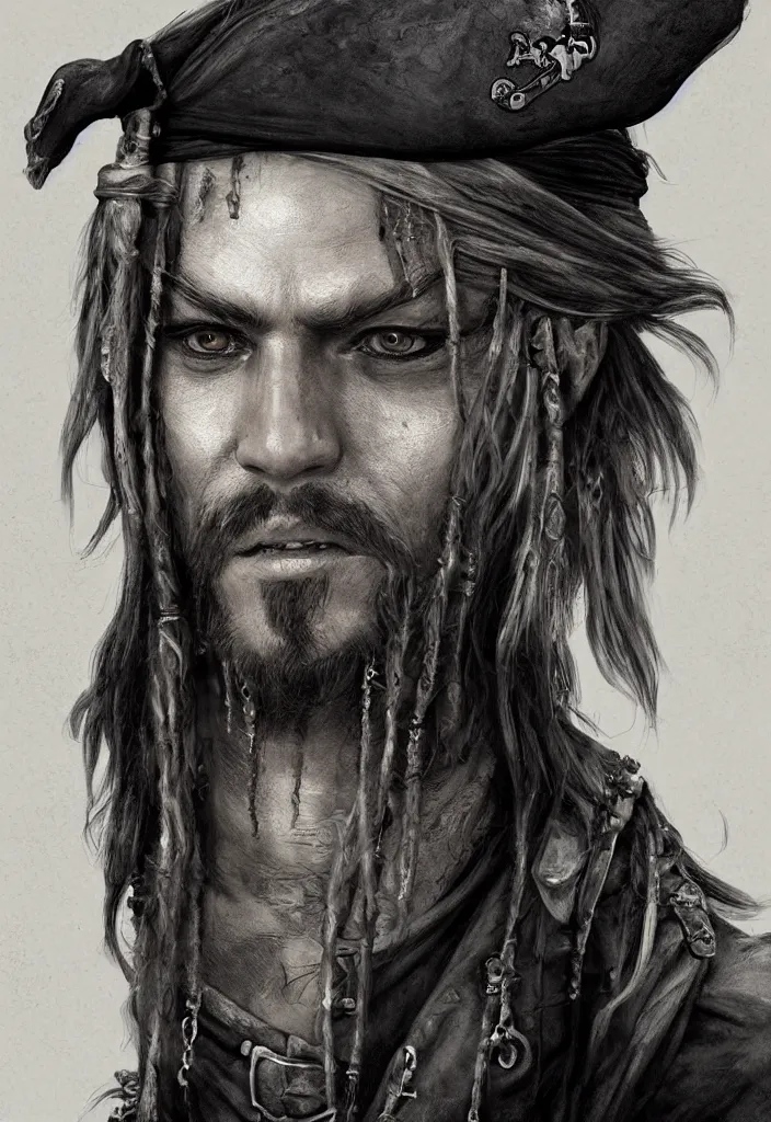 Prompt: a portrait of a pirate with half his face missing eerie, dark, magical, fantasy, trending on artstation, digital art.