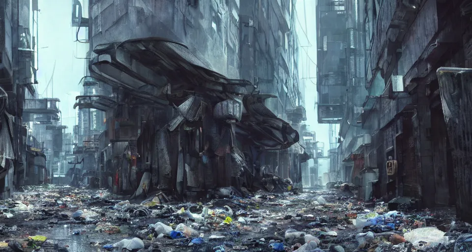 Image similar to a cinematic still frame of an alleyway in a futuristic dystopian city, littered with garbage, cold lighting, brutalist architecture, damp, cityscape, vanishing point perspective