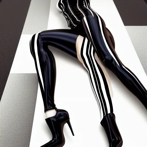 Prompt: a curvy pale goth woman with a modest elaborate elegant gold-black-white multilayered latex striped tight high-neck outfit, cgsociety, photorealistic, sublime-cool-badass-hyperadvanced-hot, 16k, smooth, sharp focus, trending on ArtStation, volumetric lighting