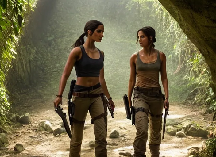 Image similar to film still of!!!! naomi scott!!! as lara croft in new tomb raider movie, 8 k