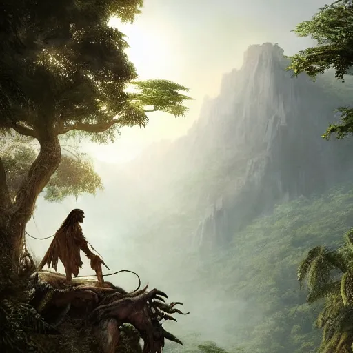 Prompt: a detailed matte painting of a ridiculously good looking jesus who is hunting in the prehistoric jungle with his pet falcon, elegant ancient greek dress, jungle as the background, very detailed, beautiful, intricate, art by greg rutkowski and robert e howard, octane render