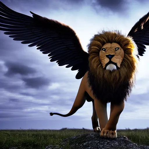 Image similar to ferocious lion standing upright with eagle’s wings, terrifying, frightening, cinematic lighting, 8k