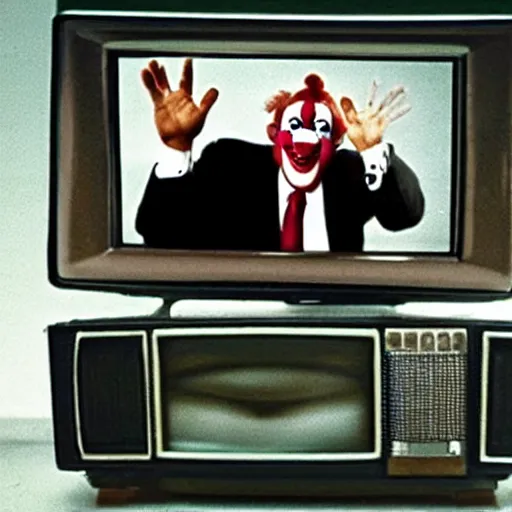 Prompt: photo of an 8 0's television with a president that has a clown face giving a speech