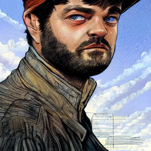 Prompt: beautiful portrait of a man with a short-beard blue eyes(looking like joshua jackson and aaron paul, sean bean), in the style of Enki Bilal and Joe Jusko and Alex Ross, trending on artstation