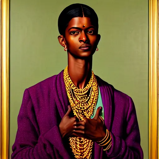 Image similar to A portrait of a skinny stylish and beautiful non-binary person, dark skin tone, Indian, oil painting by Kehinde Wiley, majestic, detailed, high resolution