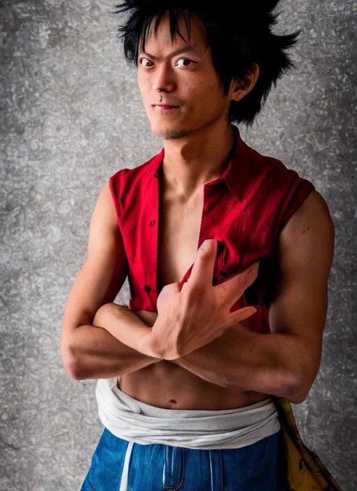 Image similar to A full portrait photo of real-life luffy one piece, f/22, 35mm, 2700K, lighting, perfect faces.