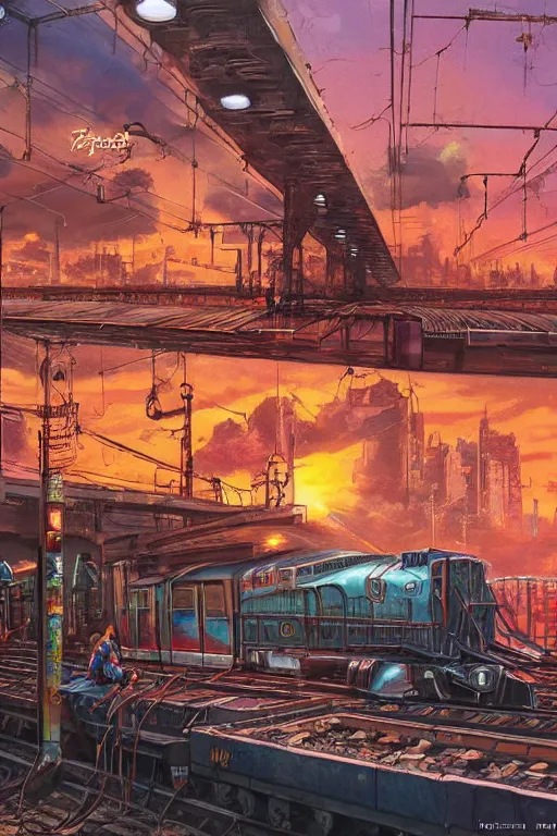 Image similar to trains covered in dripping graffiti paint, by tom lovell and greg staples and hiroshi yoshida and moebius and loish and artgerm, painterly, illustration, sunset lighting