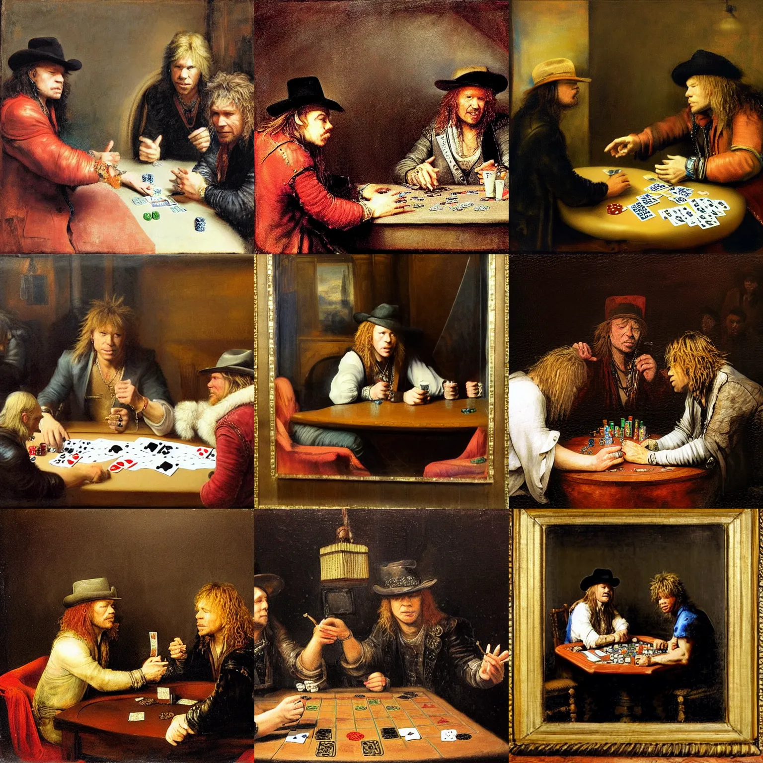 Prompt: axl rose and john bon jovi playing poker, by rembrandt