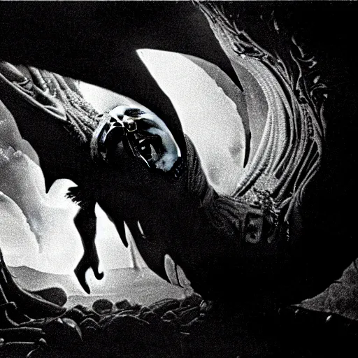 Prompt: a close - up, ultra detailed black & white studio photographic portrait of a loud screeching giant, bat - like creature flying towards you, you are exploring an alien planet and come across a strange, dark cave, dramatic backlighting, 1 9 7 3 photo from life magazine, by keith thompson, h. r. giger, in the style of the movie aliens