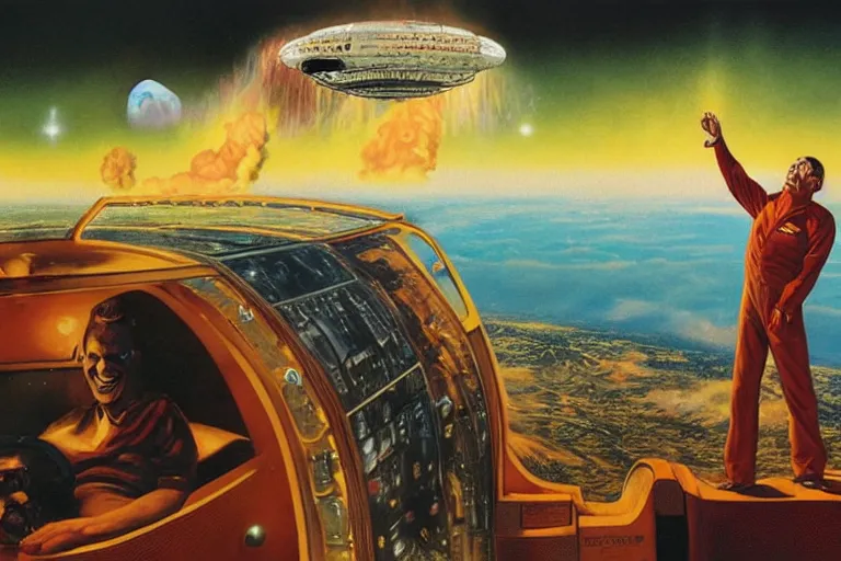 Prompt: a picture of a smiling subgenius in a space ship watching the earth burn out the window, a detailed matte painting by mort kunstler, pixiv, kitsch movement, hellish background, movie poster, official art