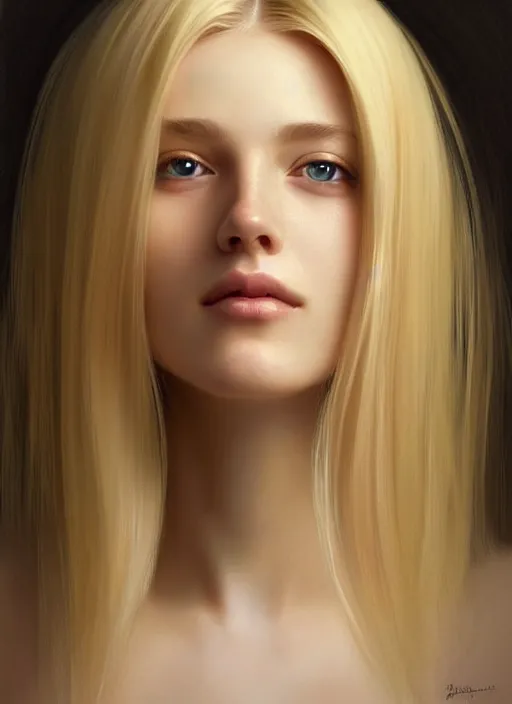 Image similar to beautiful feminine face! portrait of young woman blessed by god with ever - increasing physical and mental perfection, blonde hair, symmetrical! intricate, elegant, highly detailed, vision of holy perfection!! smile, digital painting, artstation, concept art, smooth, sharp focus, illustration, art by artgerm and greg rutkowski and alphonse mucha