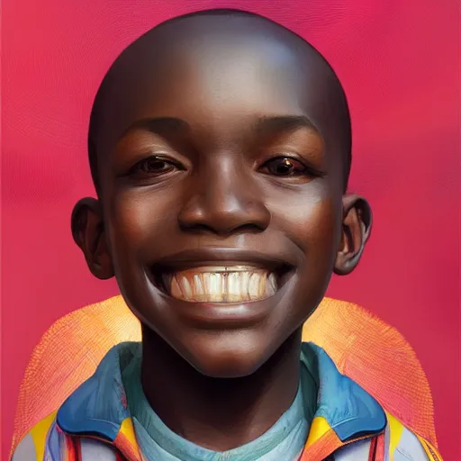 Image similar to colourful upper half caricature portrait of an african boy with sliver teeth grillz, art by hsiao - ron cheng & alphonse mucha, highly detailed, digital painting, ray tracing, concept art, illustration, smooth sharp focus, intricate, symmetry, artstation,