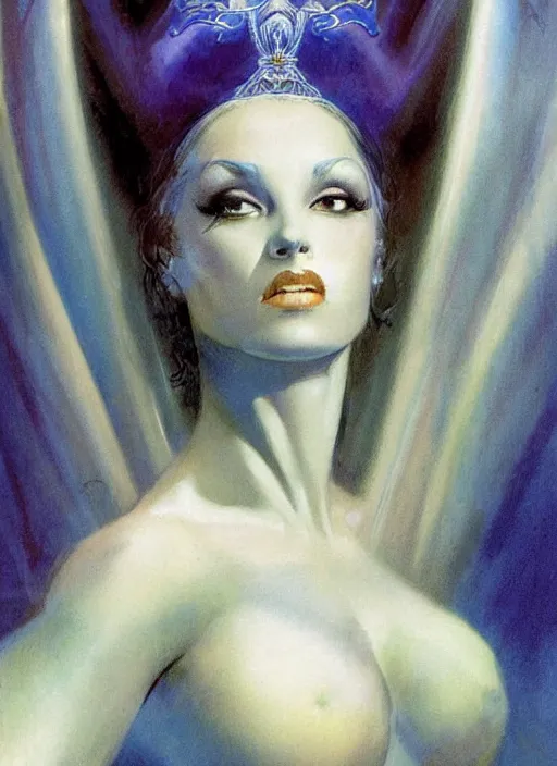 Image similar to portrait of mighty plump female sorceress, blue tiara and veil, lightning halo, strong line, muted color, beautiful! coherent! by frank frazetta, by boris vallejo