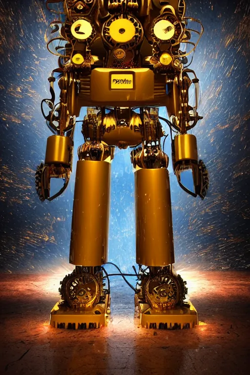 Image similar to portrait photo of a giant huge golden and blue metal humanoid steampunk robot cleaner robot, with gears tubes vaccuumcleaner, on the wet floor are mop and bucket, eyes are glowing red lightbulbs, shiny crisp finish, 3 d render, 8 k, insaneley detailed, fluorescent colors, background is multicolored lasershow