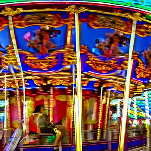 Image similar to A really excited old man riding a merry-go-round carousel at an amusement park, hyperrealism, wide shot