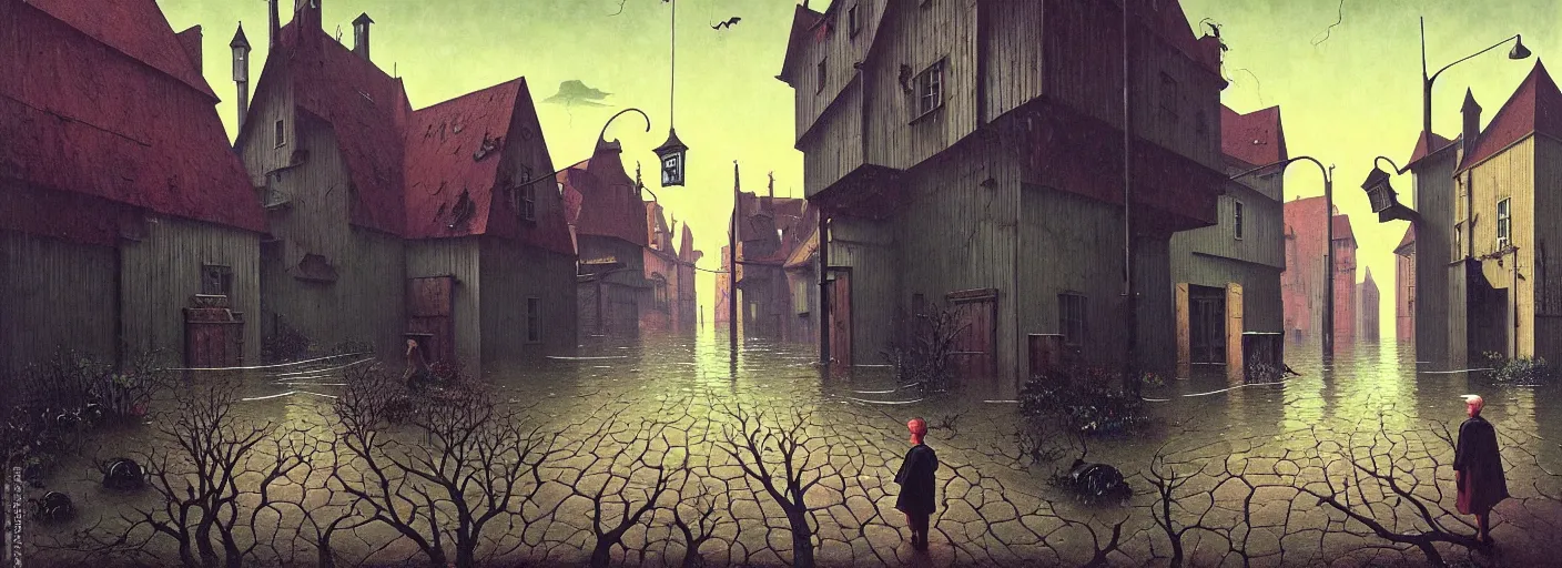 Image similar to flooded! old dark scary wooden empty cursed town street entrance, very coherent and colorful high contrast masterpiece by gediminas pranckevicius rene magritte norman rockwell franz sedlacek, full - length view, dark shadows, sunny day, hard lighting, reference sheet white background