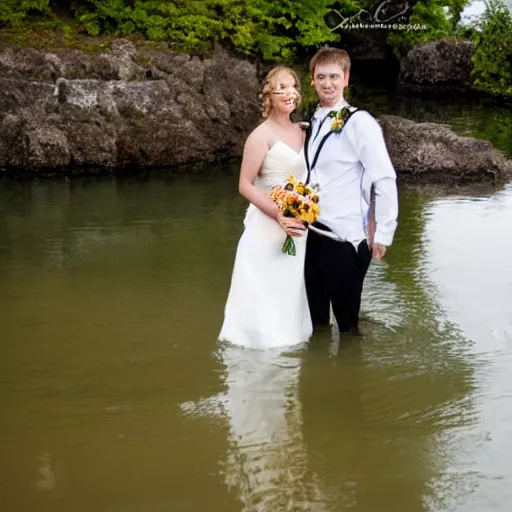 Prompt: a bride and groom stand in the water, wedding photo